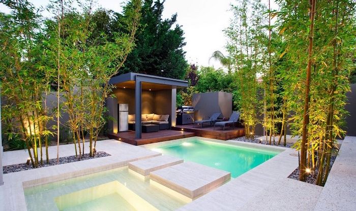 Modern pool shape with pergola
