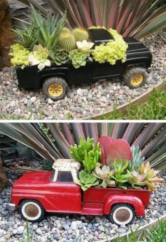 Old reused toys in cactus pots and succulents