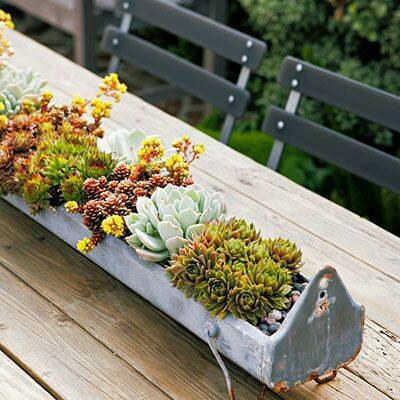 The old gutters can be used as decorative pots